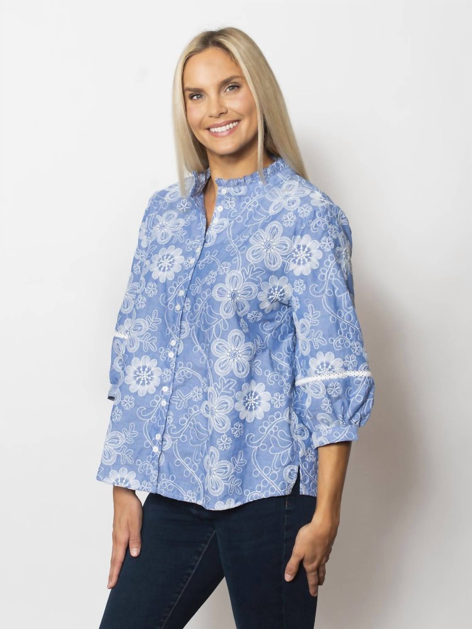 Sno Skins - Embroidered Collarless Button Top