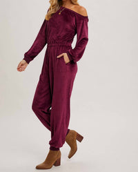 Bluivy - Velvet One Shoulder Boat Neck Jumpsuit