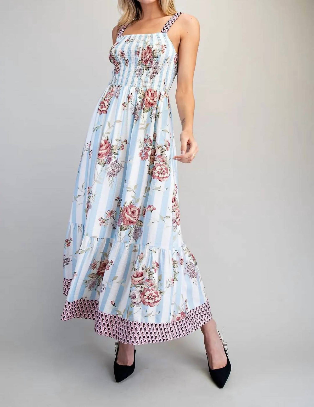 Ee:Some - Floral Striped Contrast Strap Maxi Dress