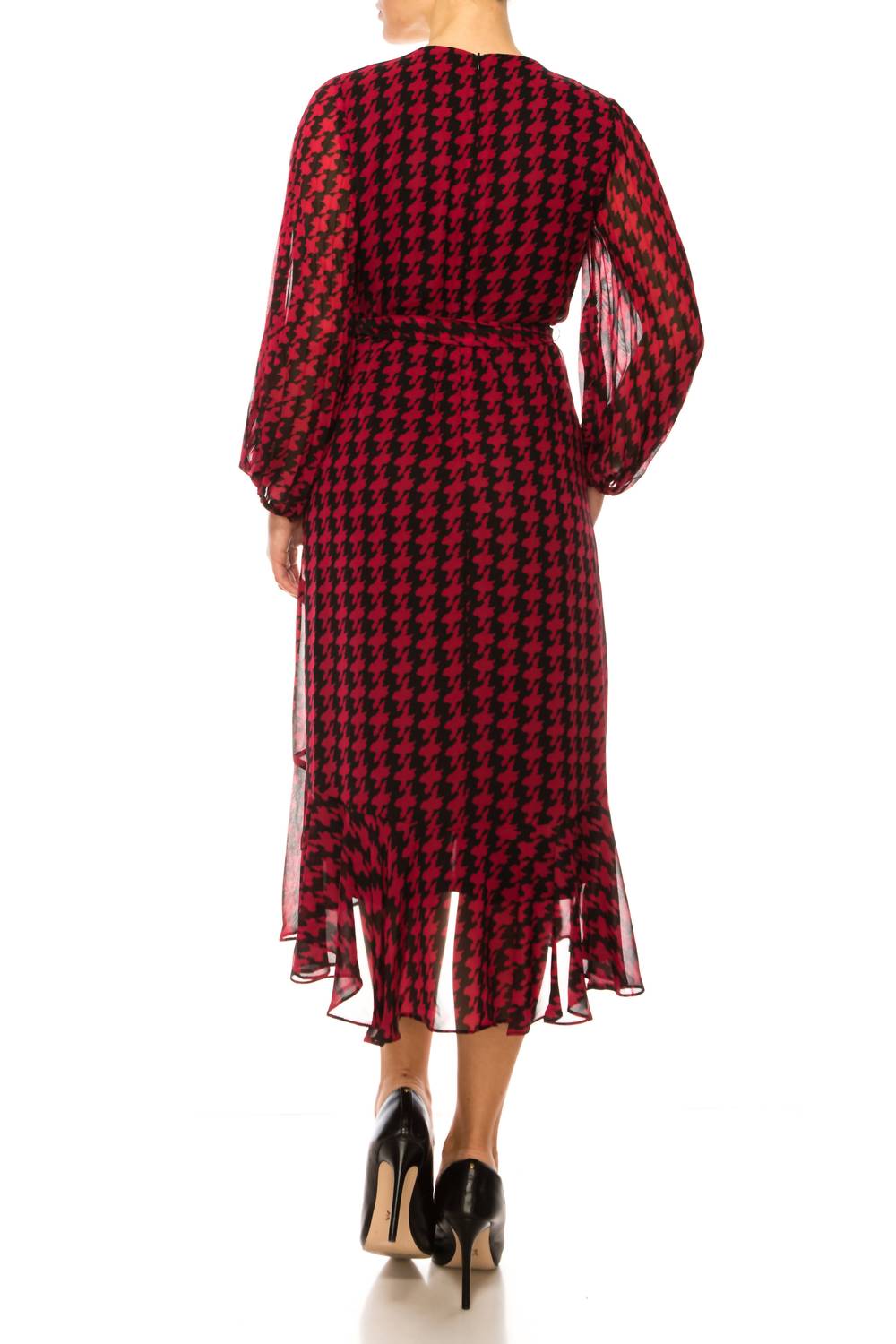 Maison Tara - Faux Wrap Houndstooth Print Midi Dress