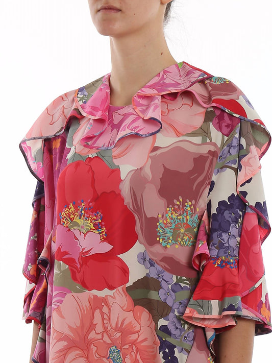 Valentino - Floral Silk Flounced Dress