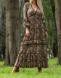Cienna Verona Boho Maxi Dress in green multi - women's dress - detail view