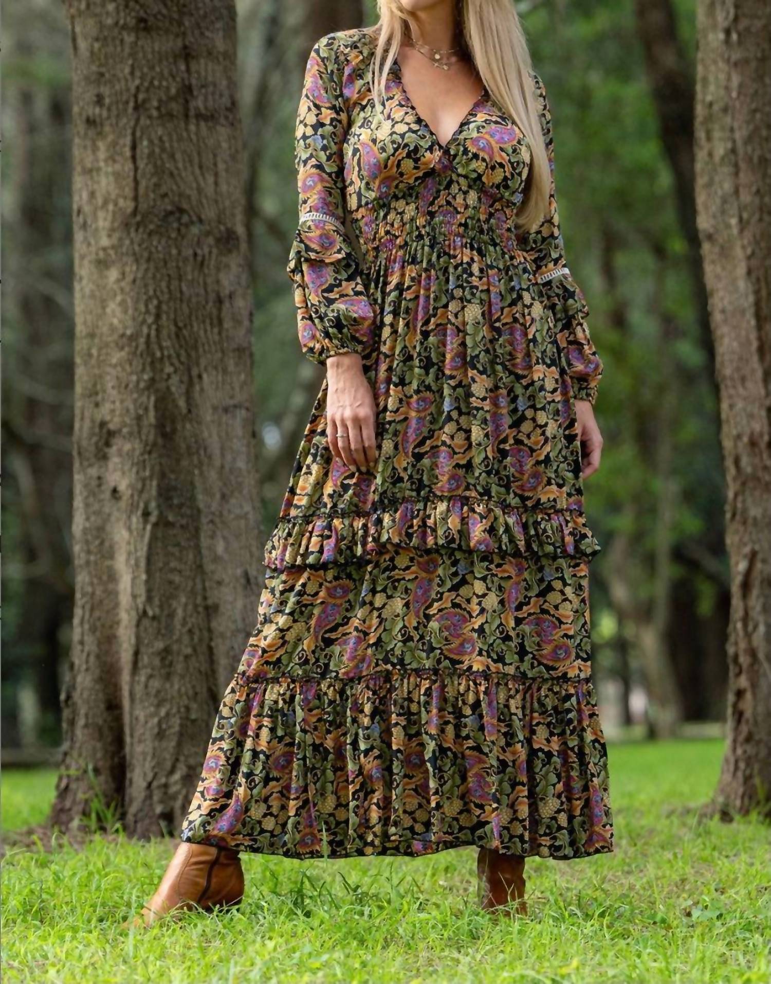 Cienna Verona Boho Maxi Dress in green multi - women's dress - detail view