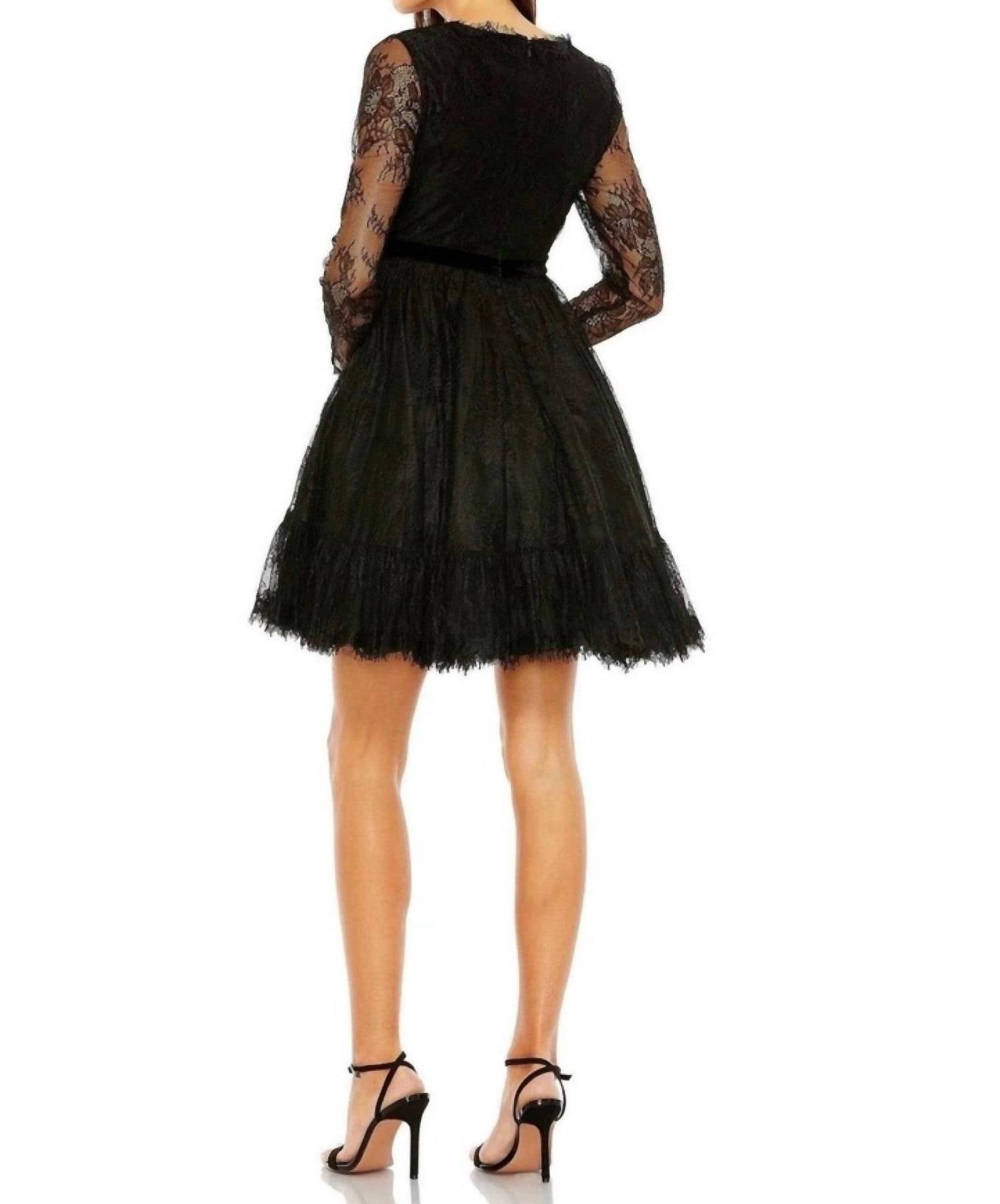 MAC DUGGAL Lace Long Sleeve Mini Dress in black - women's dress - detail view