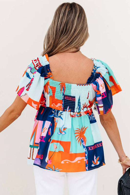 Lovesoft - Tropical Printed Square Neck Babydoll Blouse