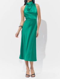 adelyn rae Jodie High Neck Satin Midi Dress in emerald - women's dress