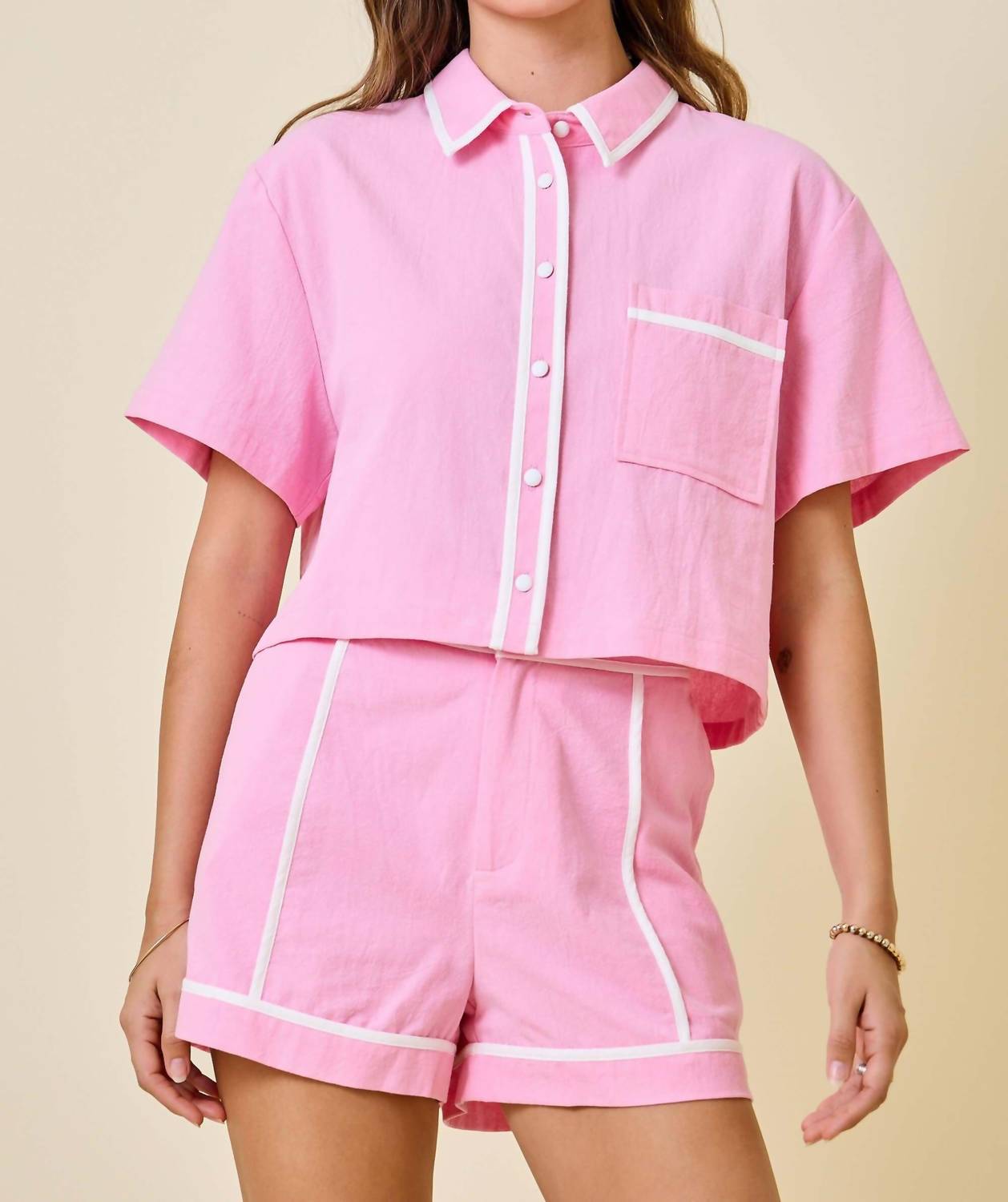 Day + Moon - Jennifer Contrast Binding Button Down Top & Shorts Set
