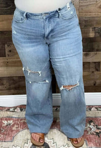 Judy Blue - Mid Rise Tummy Control Distressed Wide Leg Jeans - Plus