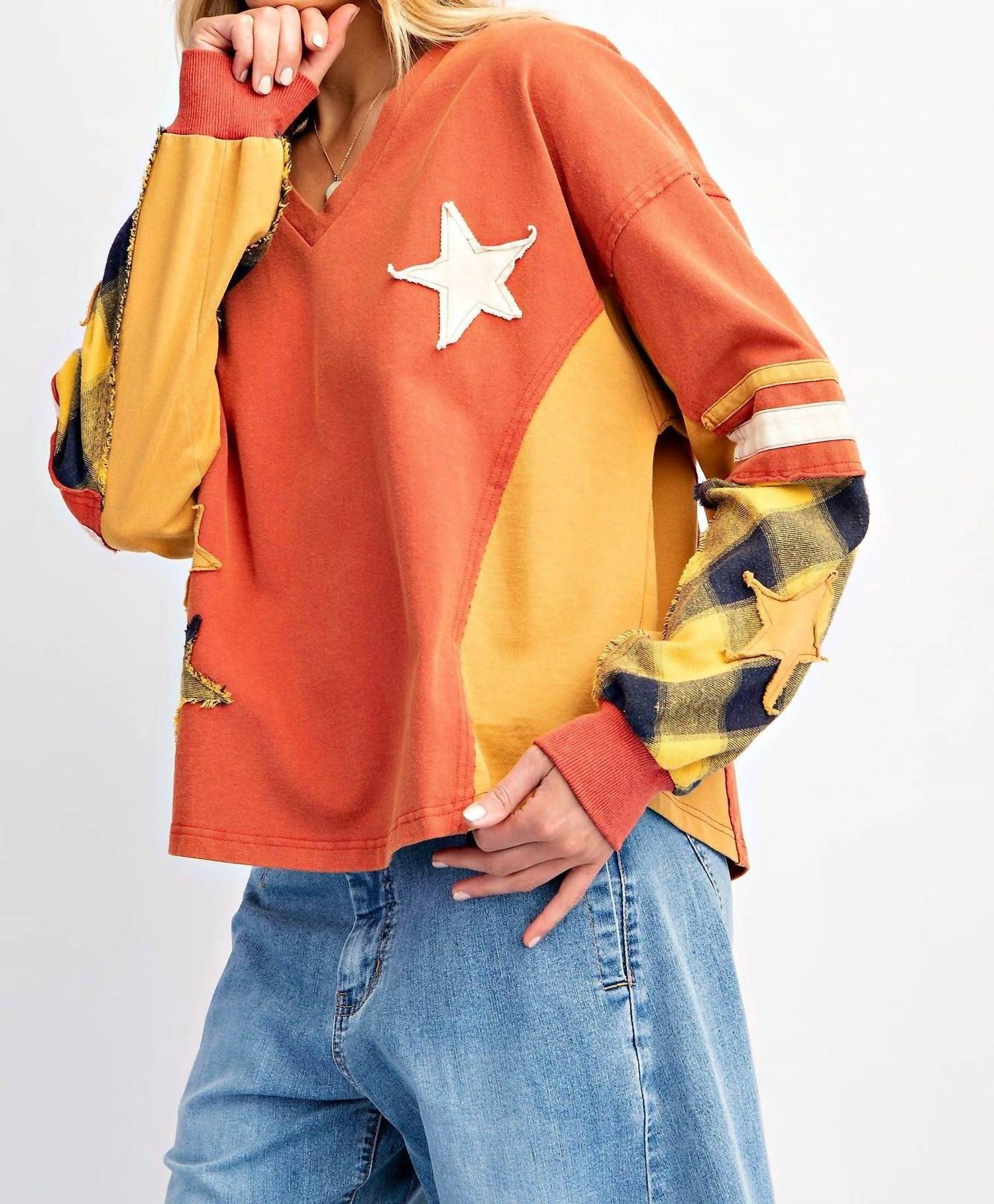 Little Secret Of Mine - Plaid About You Mix Color Block Terry Knit Pullover