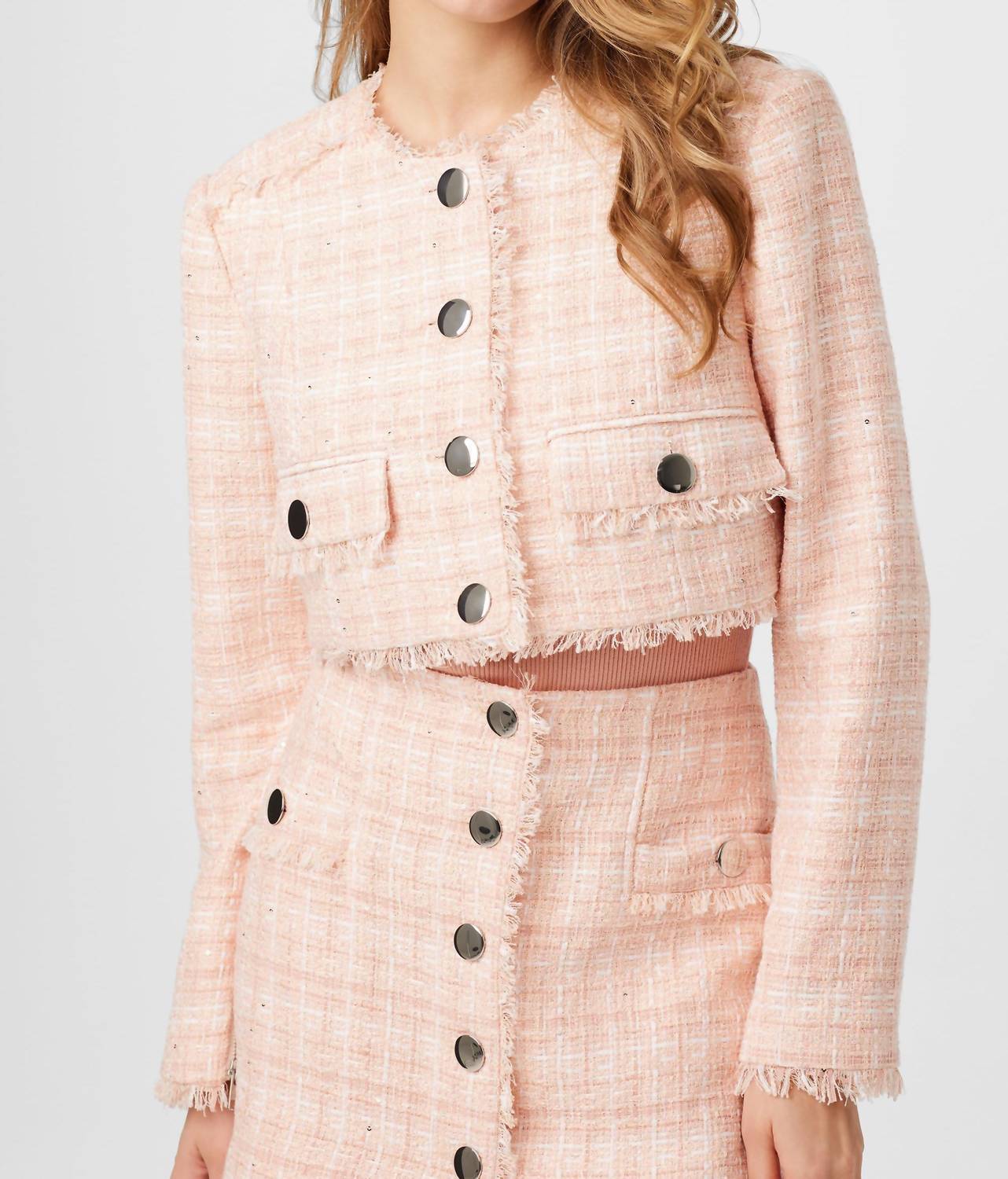 TOCCIN Lainey Crew Neck Tweed Jacket in pink sand - women's jacket