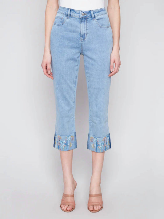 Charlie B - Embroidered Cuff Cropped Jean