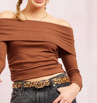 Illa Illa Root Beer Float Off Shoulder Top in brown - women's long sleeve top - detail view
