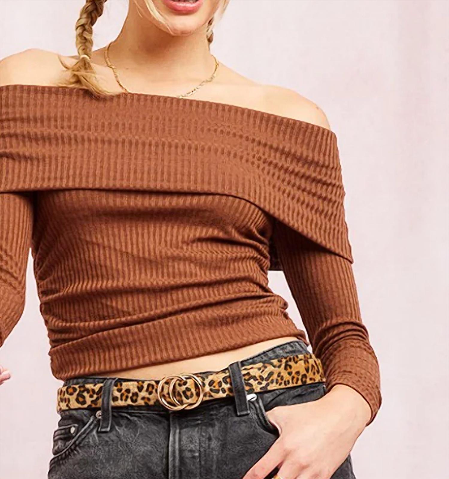 Illa Illa Root Beer Float Off Shoulder Top in brown - women's long sleeve top - detail view