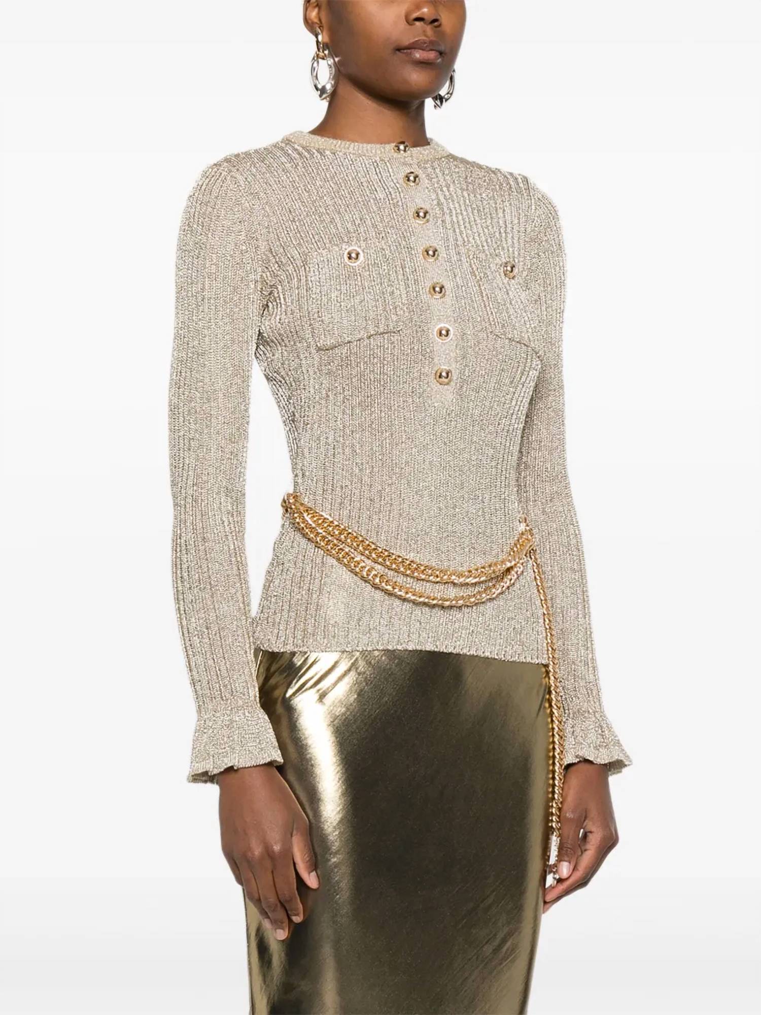 Self-Portrait - Lurex Ribbed Knit Top With Belt