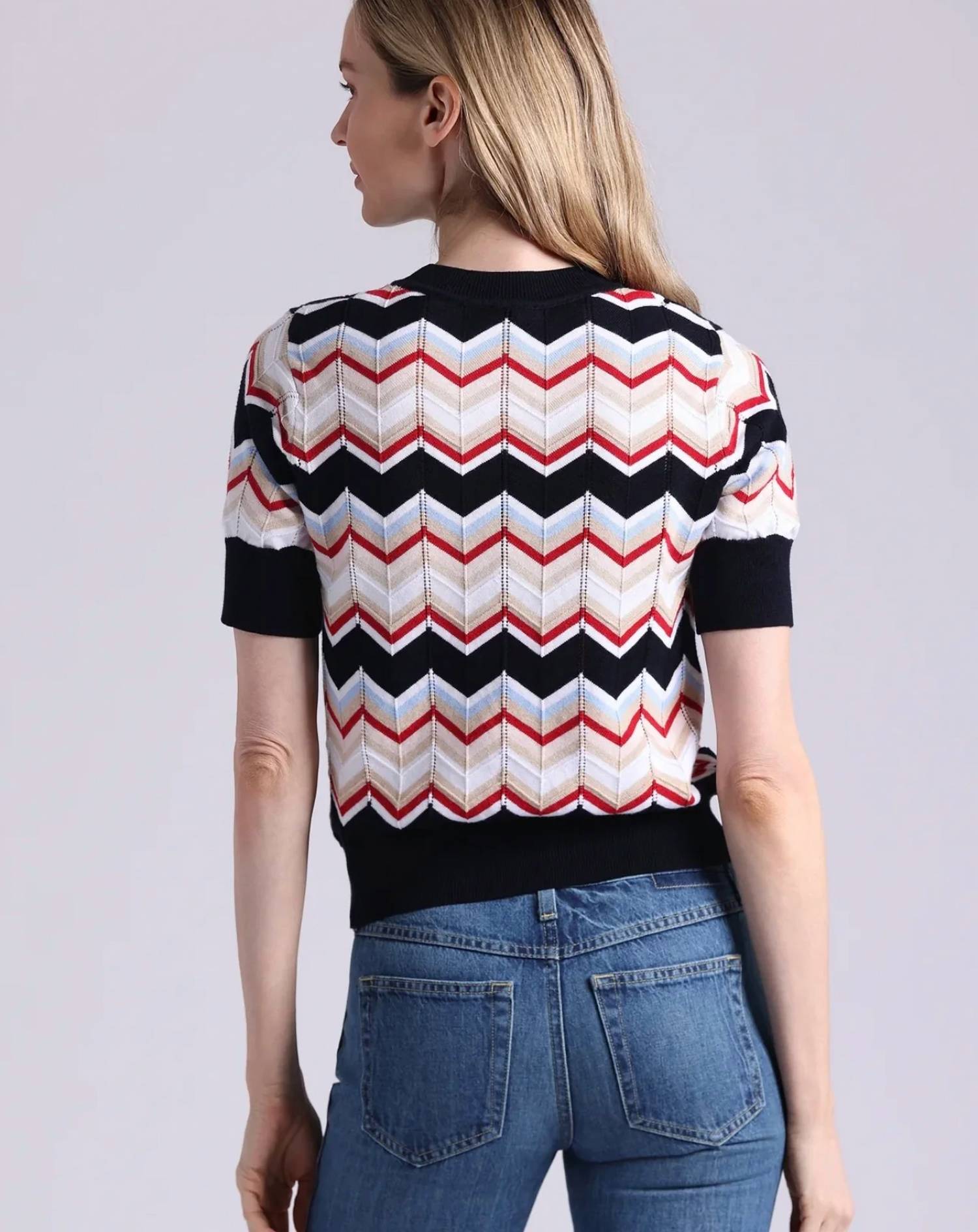 Minnie Rose - Cotton Cashmere Chevron Short Sleeve Crew Top