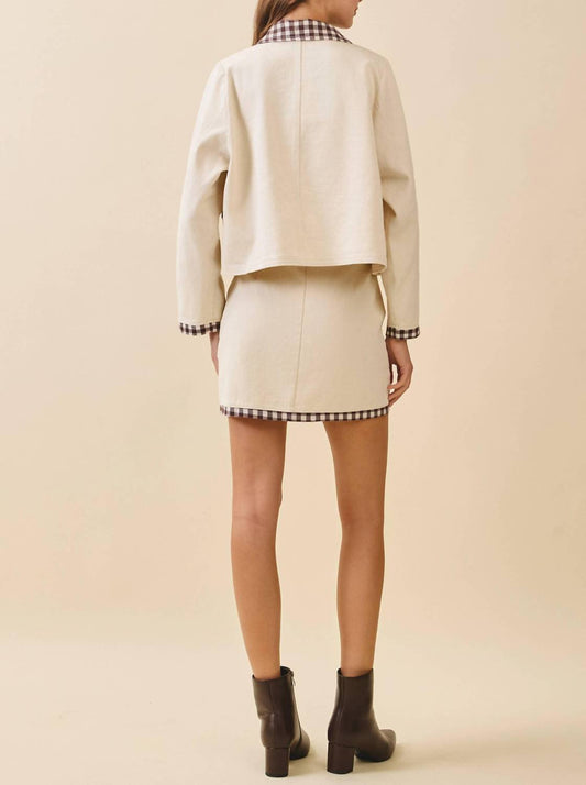 Tcec - Contrast Gingham Trim Collared Jacket And Skirt Set