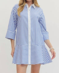 Entro - Striped Collared Three Quarter Sleeve Mini Dress