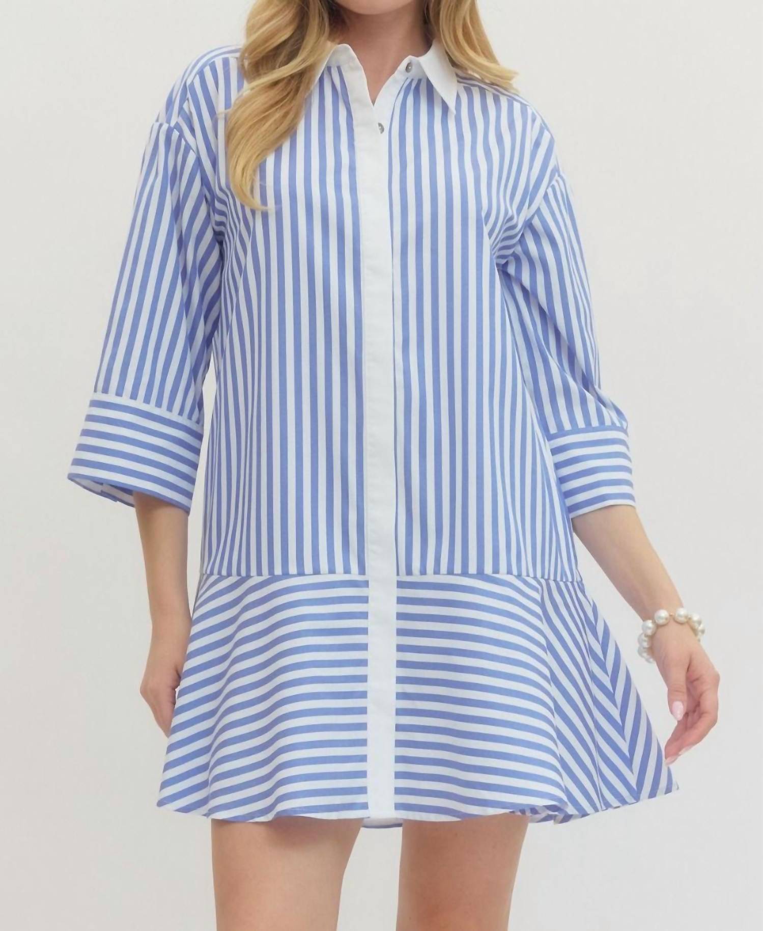 Entro - Striped Collared Three Quarter Sleeve Mini Dress