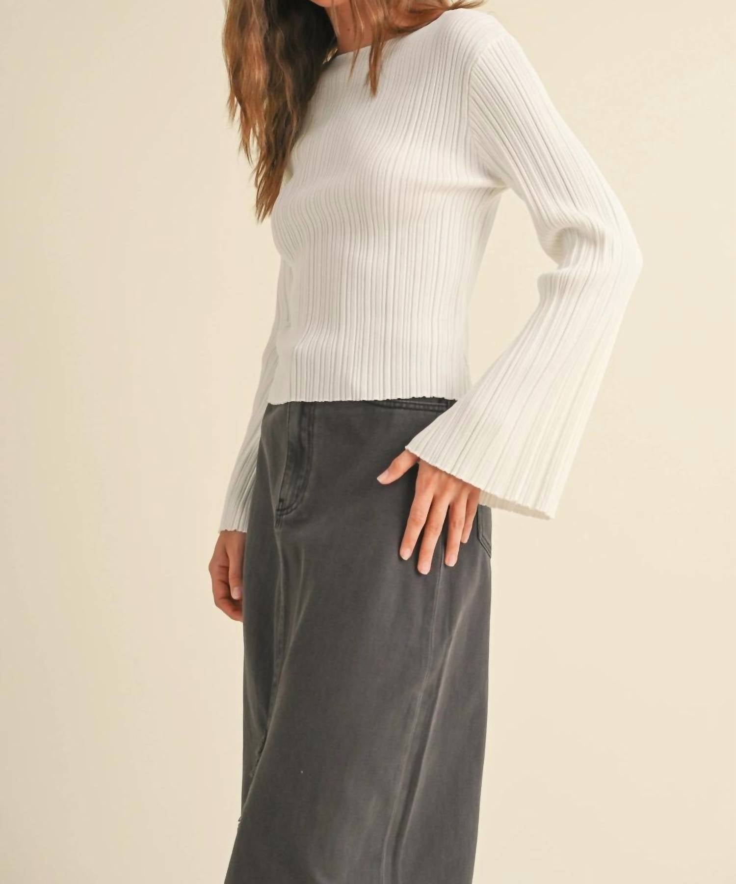 MIOU MUSE Lily Ribbed Long Sleeve Top in white - women's long sleeve top - alternate view