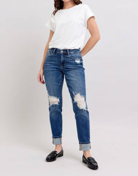 Judy Blue Distressed Knit Boyfriend Cuffed Jean in dark wash - women's jeans - view 4