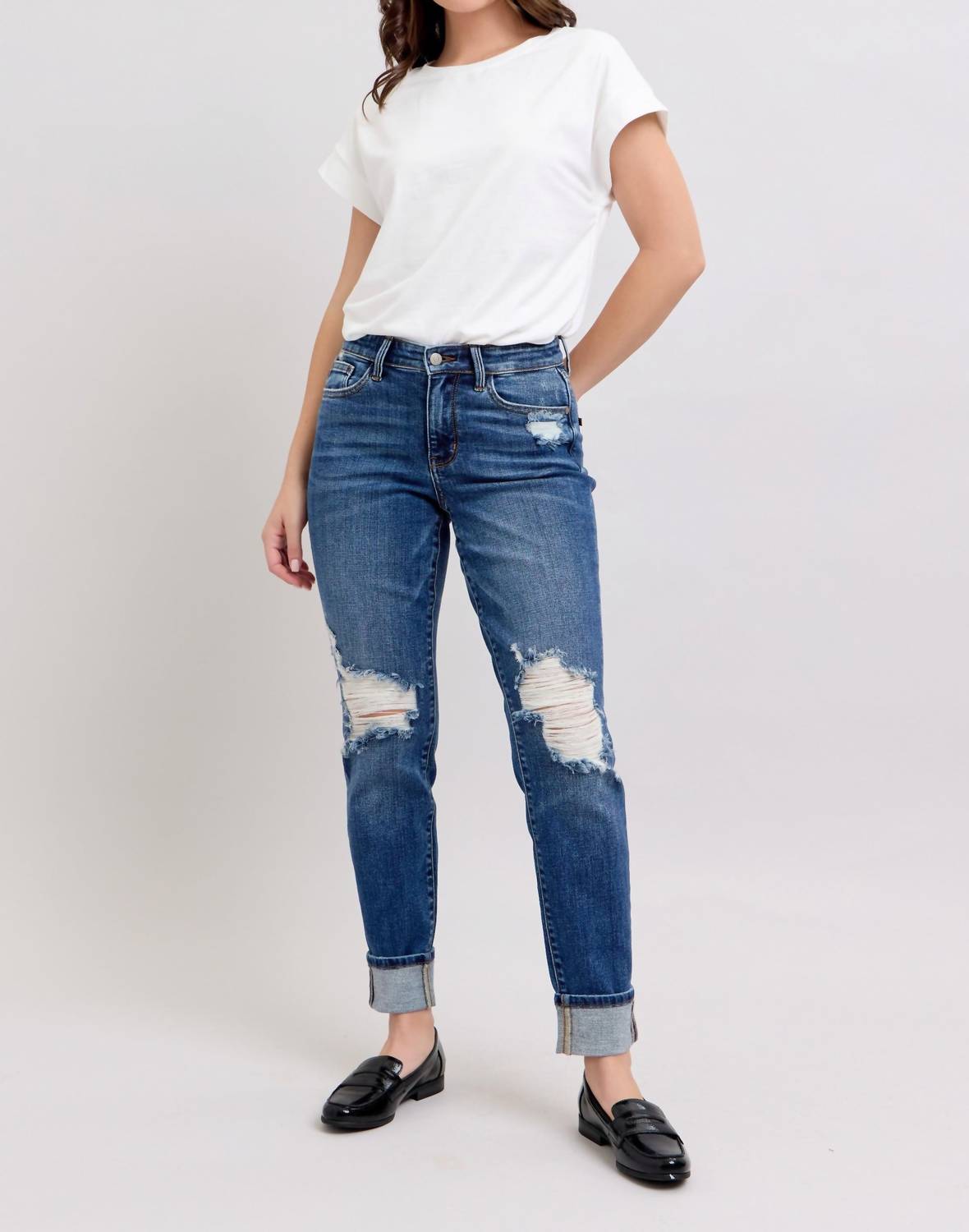 Judy Blue Distressed Knit Boyfriend Cuffed Jean in dark wash - women's jeans - view 4
