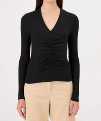 GOLDIE Fortuna Ruched V Neck Shirt in black - women's long sleeve top