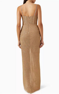 Tarik Ediz Hilary Maxi Dress in glitter fabric in gold - women's dress - detail view