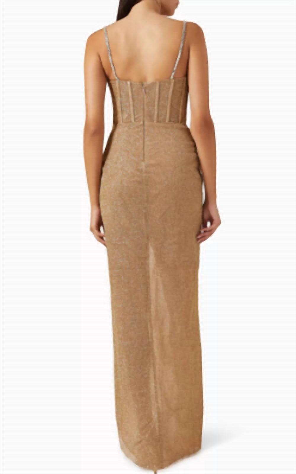 Tarik Ediz Hilary Maxi Dress in glitter fabric in gold - women's dress - detail view