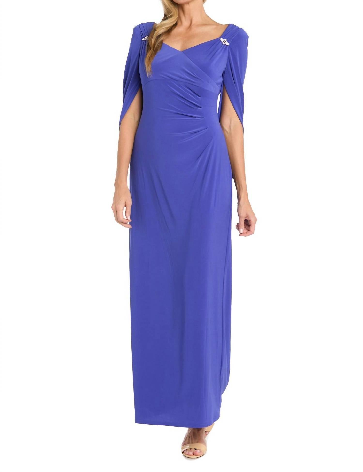 R&M Richards - Draped With Rhinestone Detailing Shoulder Dress