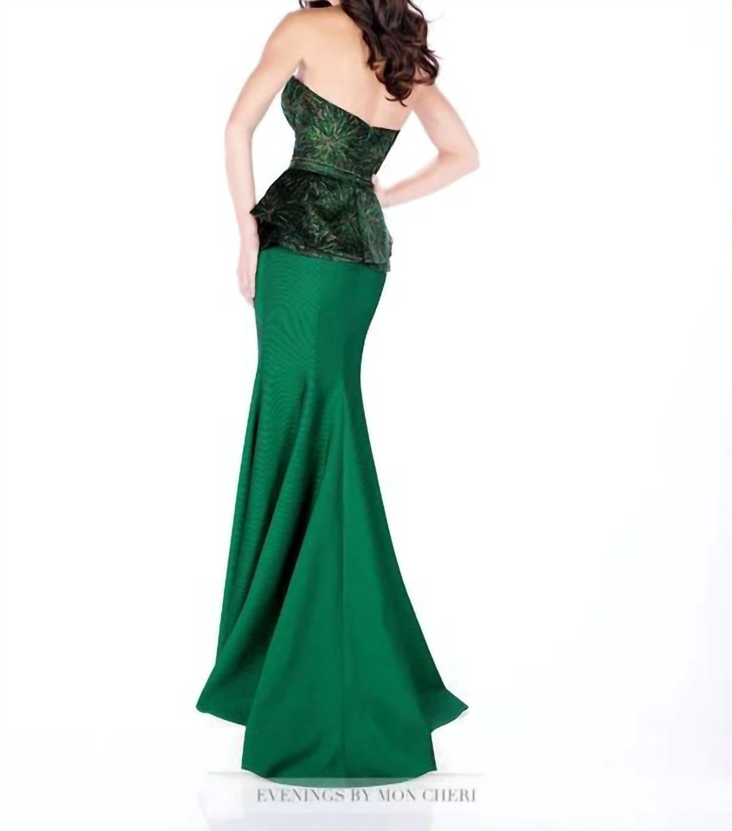 Social Occasions By Mon Cheri - Metallic Brocade Peplum Mermaid Long Gown