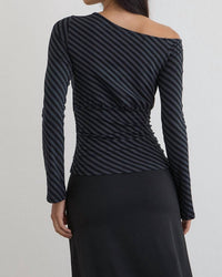 Motel Rocks Hoang Slouch Top in oblique stripe ocean storm - women's long sleeve top - alternate view