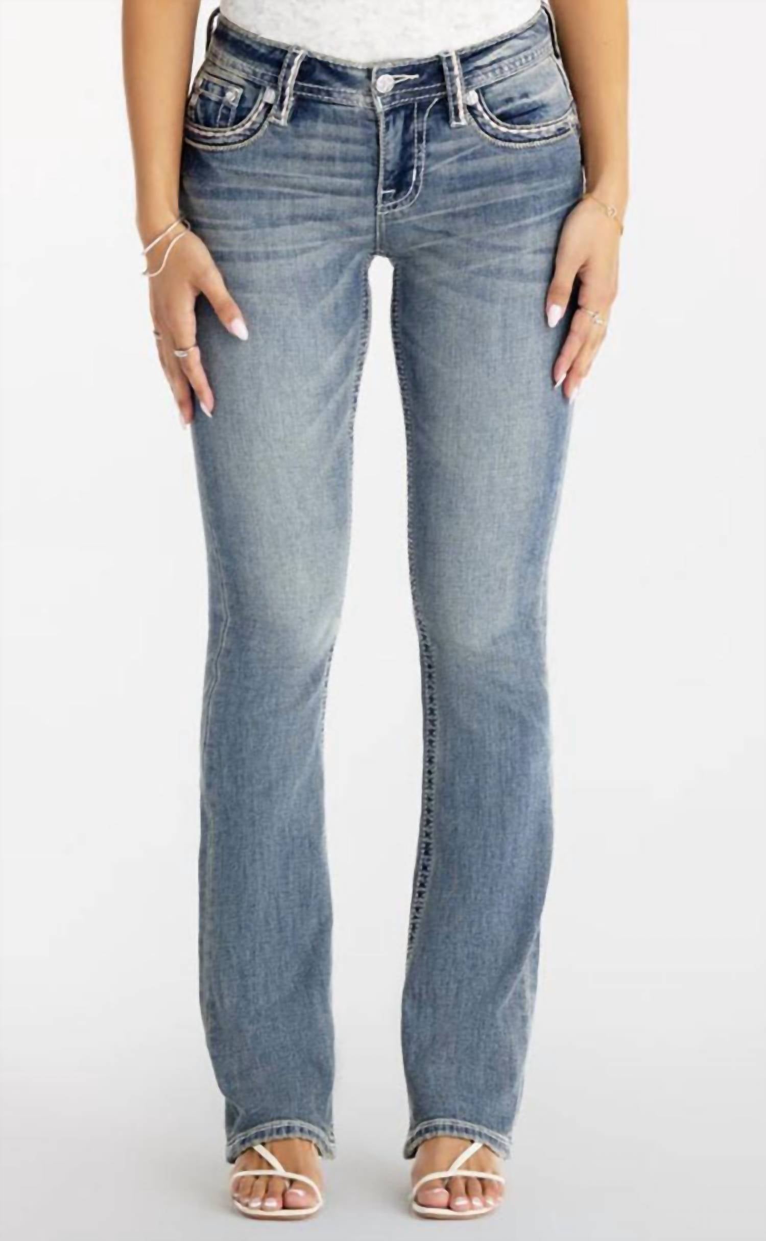 Miss Me Women's Sylvie Stitched Mid Rise Boot Cut Jeans in medium vintage - women's pants