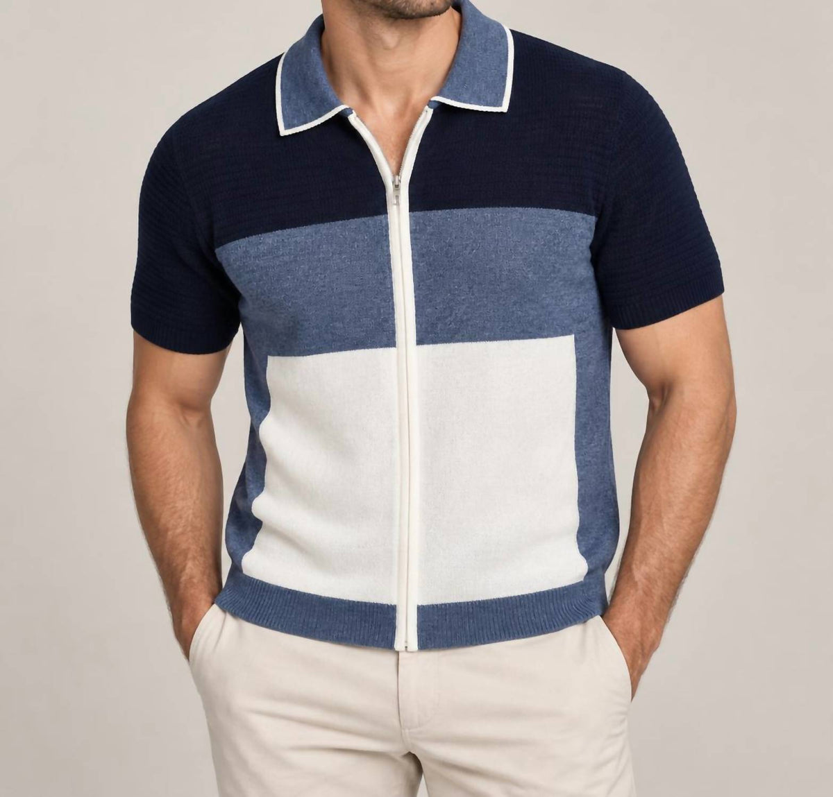 Luchiano Visconti - Full Zip Color Block Light Knit Short Sleeve Polo