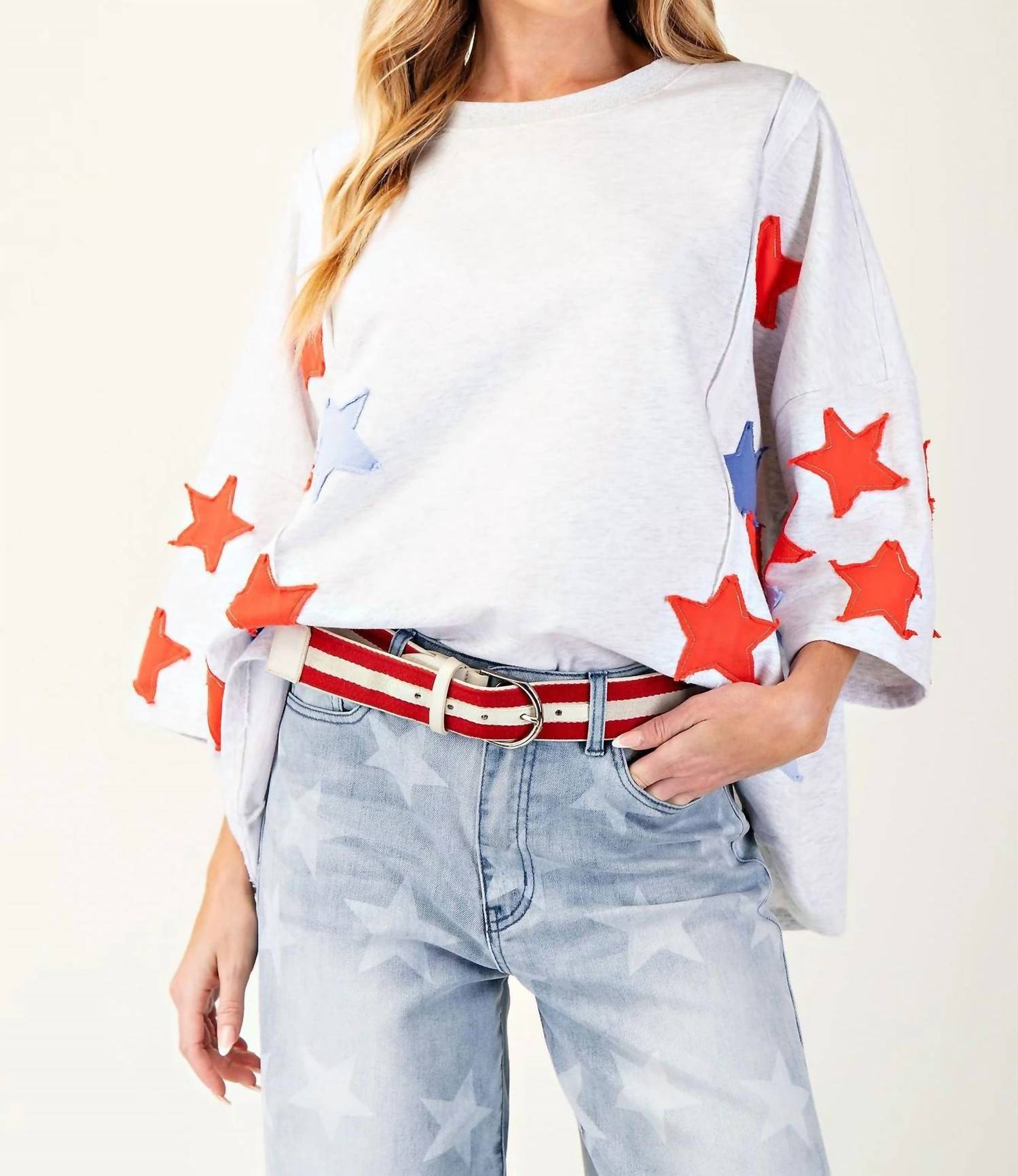 Easel - Soft Washed Star Patches Terry Knit Pullover Sweater