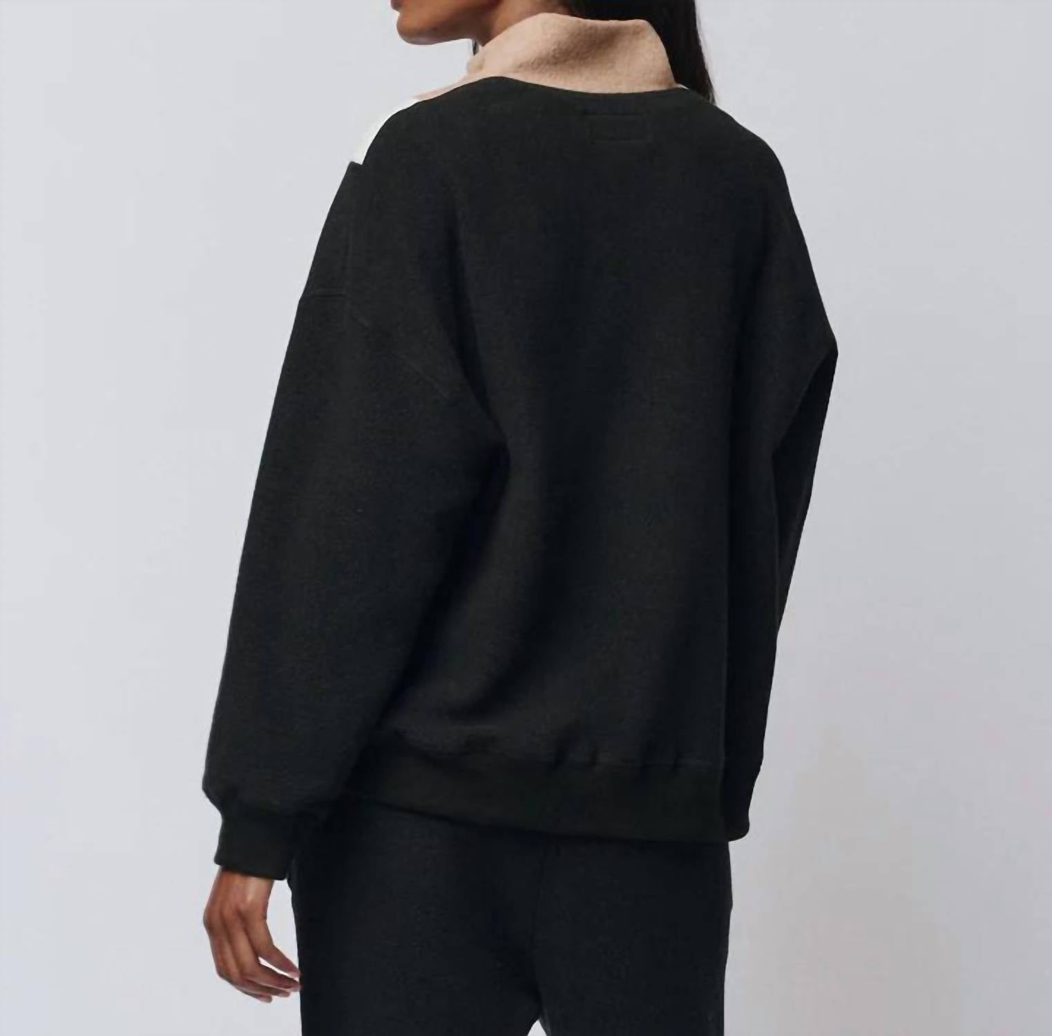 THE GREAT. The Colorblock Plush Chalet Sweatshirt in black - women's top - alternate view