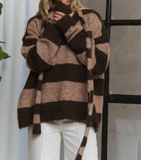 ADORA Stripes Knit Sweater With Scarf in brown stripe - women's sweater - alternate view