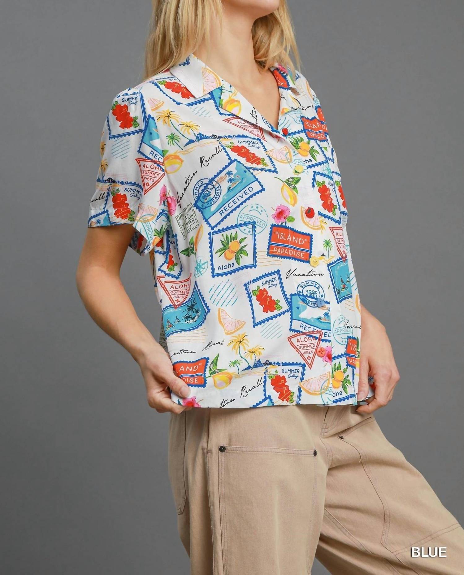 umgee Tropical Resort Print Button-down Top in multicolor - women's shirt - view 5