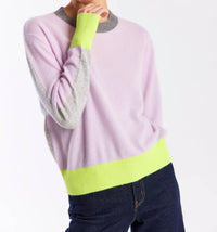 Brodie Cashmere Summer Colorblock Crewneck Top in lavendula - women's sweater - detail view
