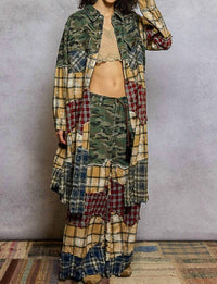 Pol - Plaid Woven Varied Patchwork Maxi Shirt Jacket