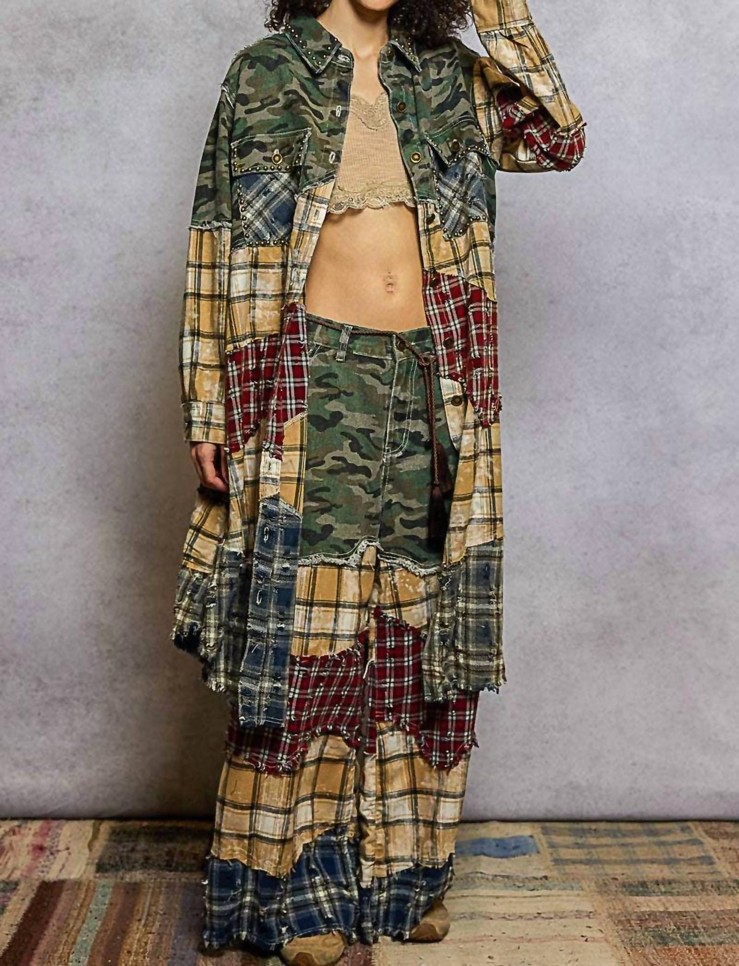 Pol - Plaid Woven Varied Patchwork Maxi Shirt Jacket