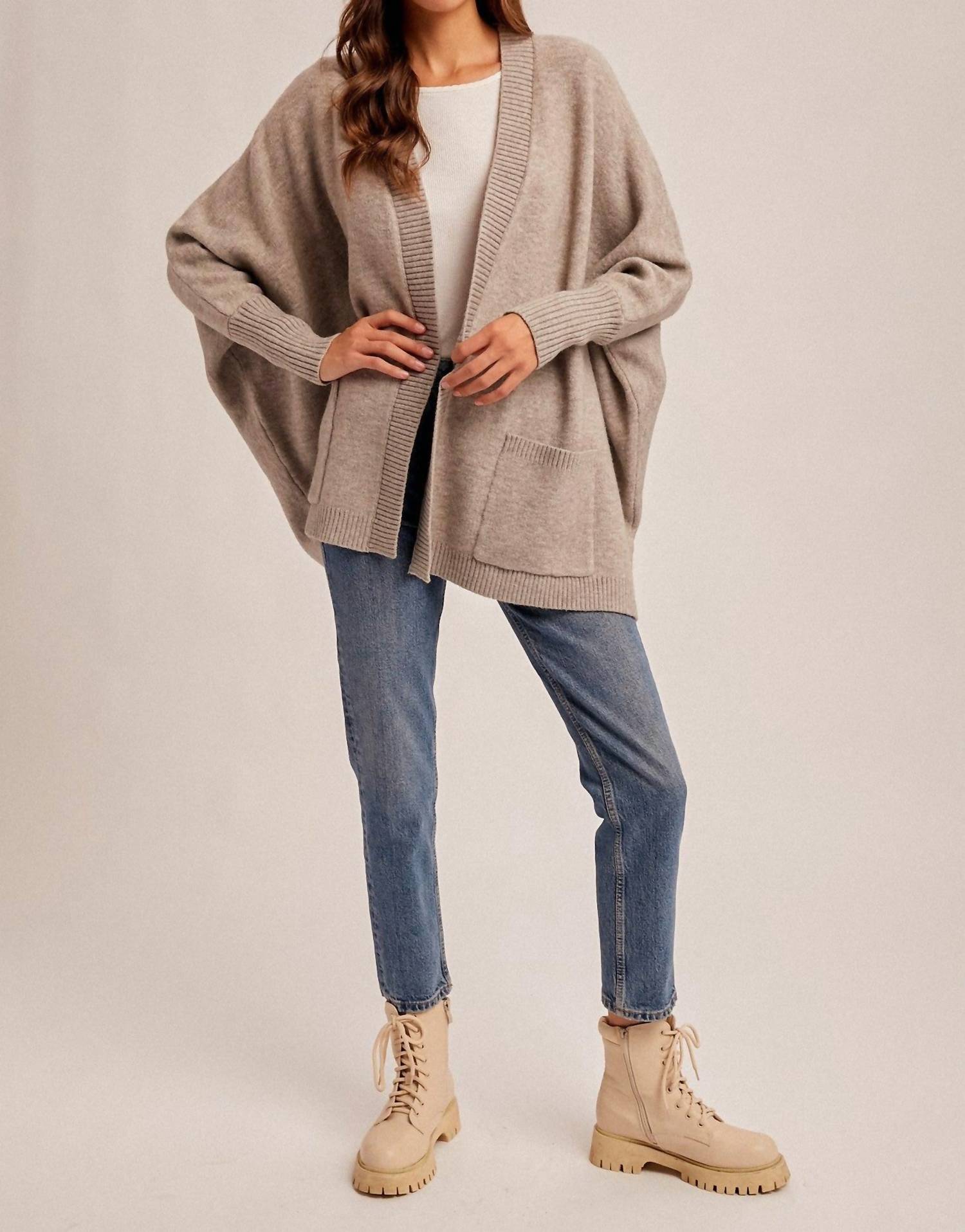 Hem & Thread Callie Dolman Sleeve Hoodie Cardigan in taupe 1 - women's cardigan - view 4