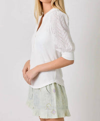 Mystree - Eyelet Puff Sleeve Henley Top