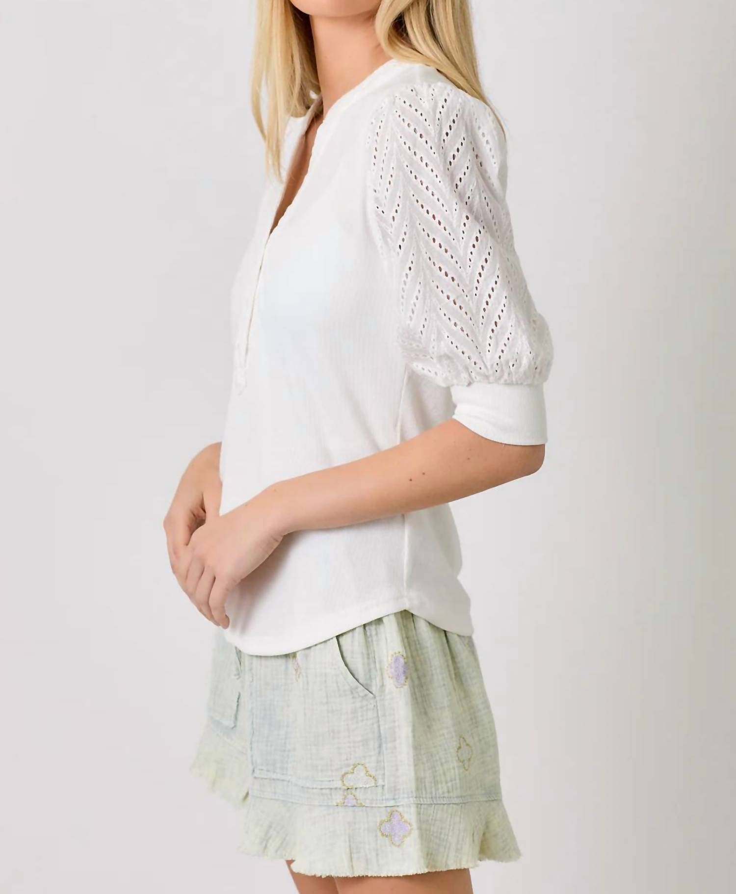 Mystree - Eyelet Puff Sleeve Henley Top