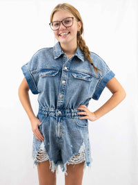 Bibi - Distressed Cinch Waist Denim Romper