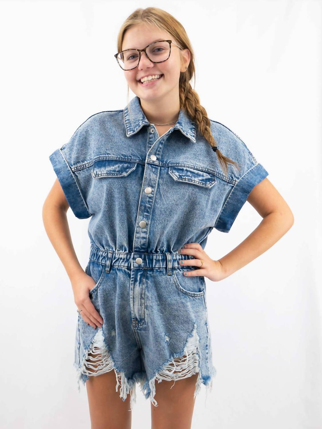 Bibi - Distressed Cinch Waist Denim Romper
