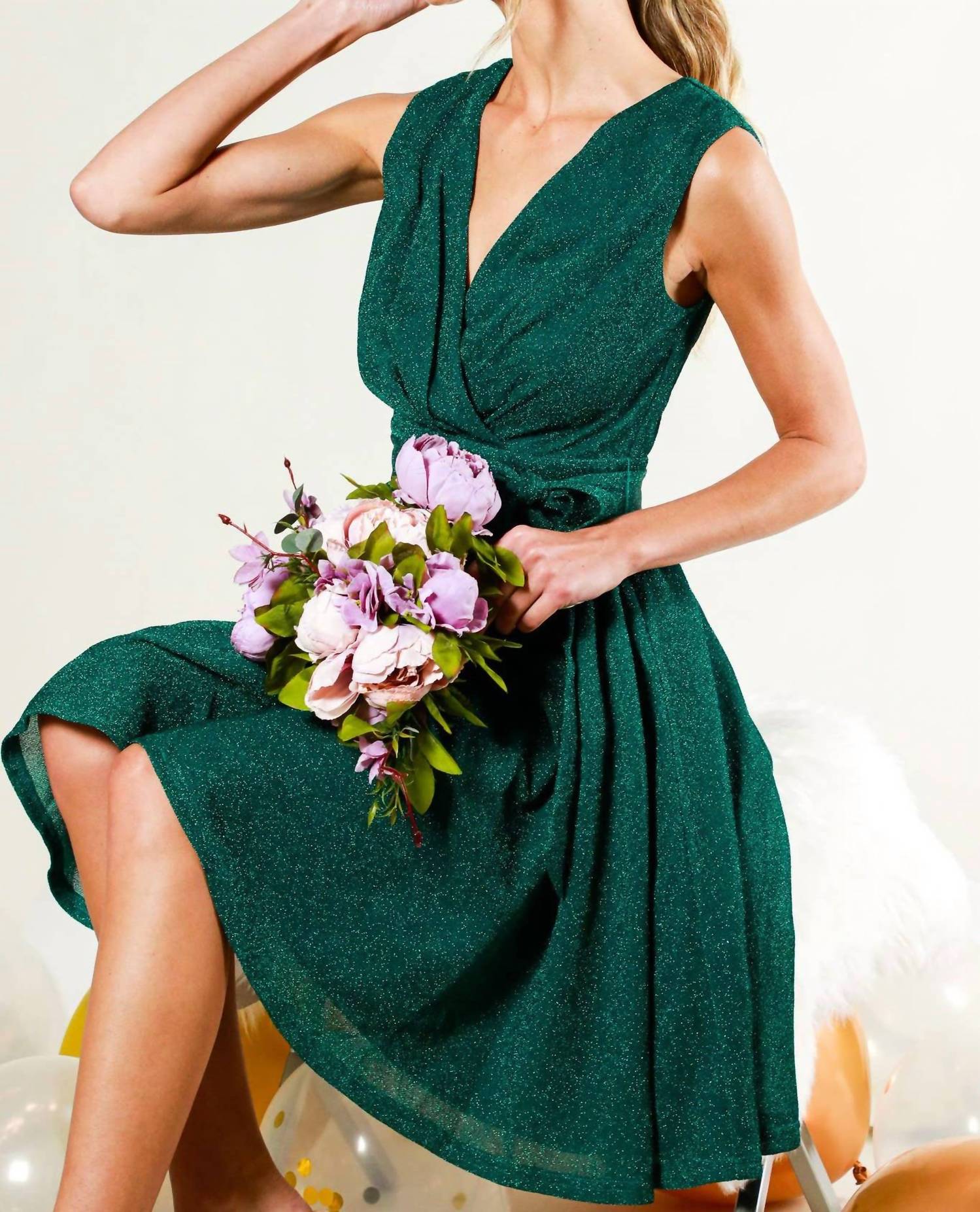 Vine & Love - V-neck Sleeveless Tie Waist Dress