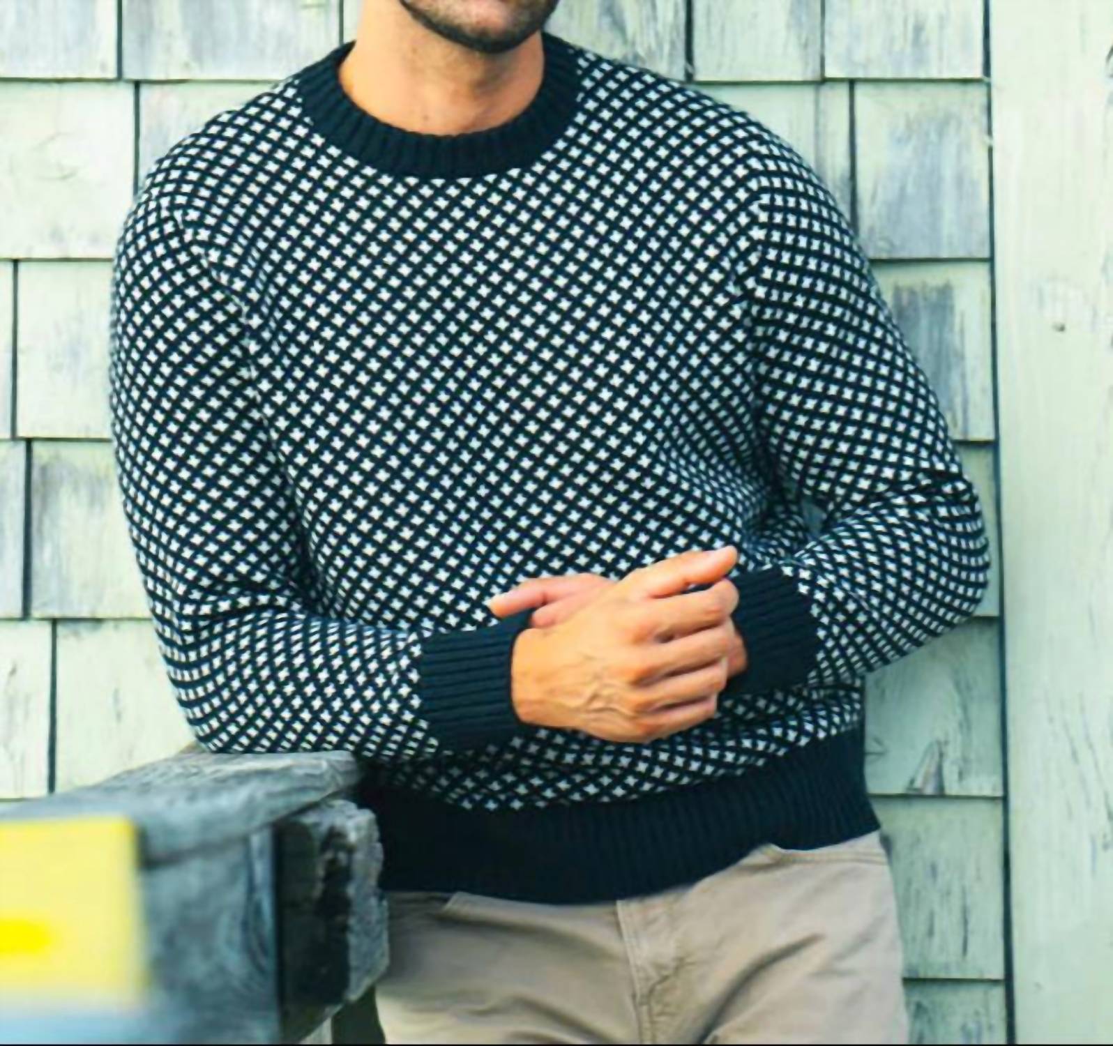 Long Wharf Supply Co. Edgartown Seawell Crewneck Sweater in navy - men's sweater - detail view