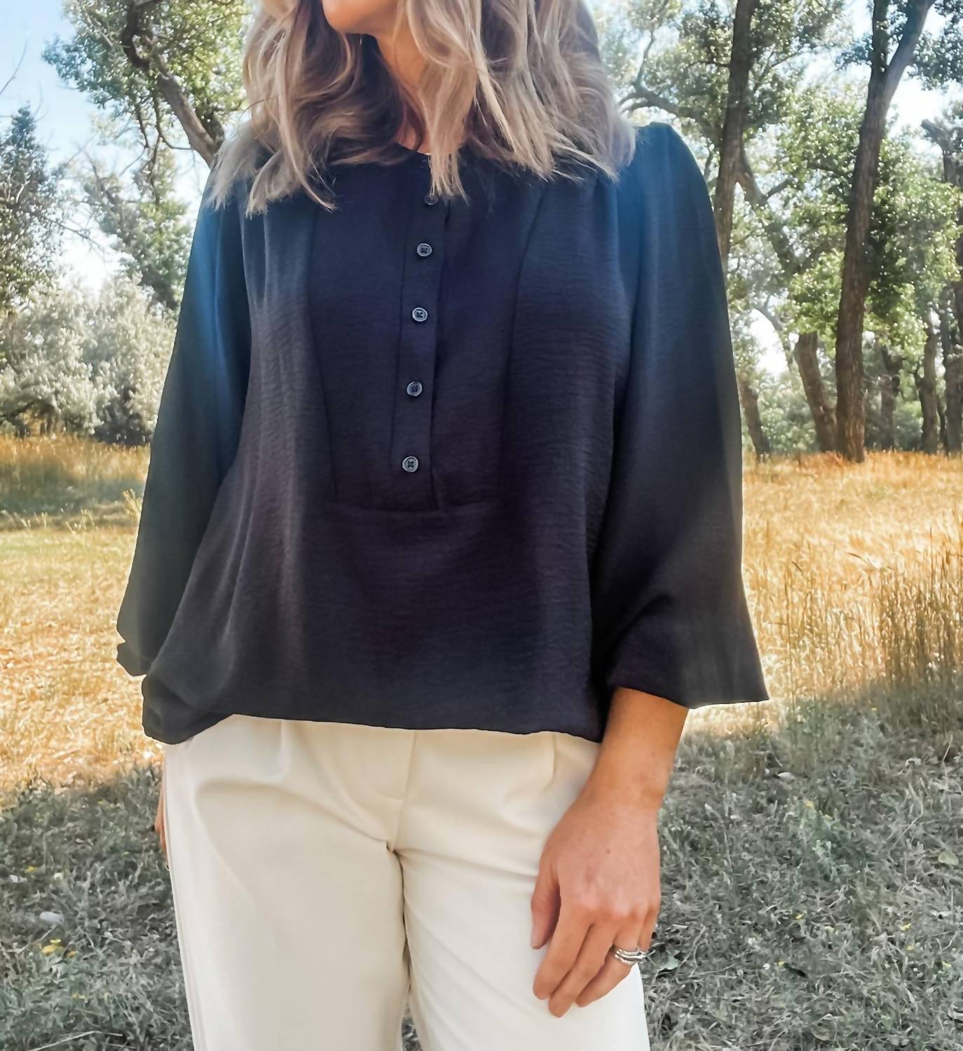 TRIBAL Long Sleeve With Folded Hem Blouse in black - women's blouse