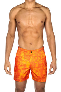 Prince & Bond Men's Elvio Sunburst Swim Shorts in orange floral print - men's swimwear - detail view