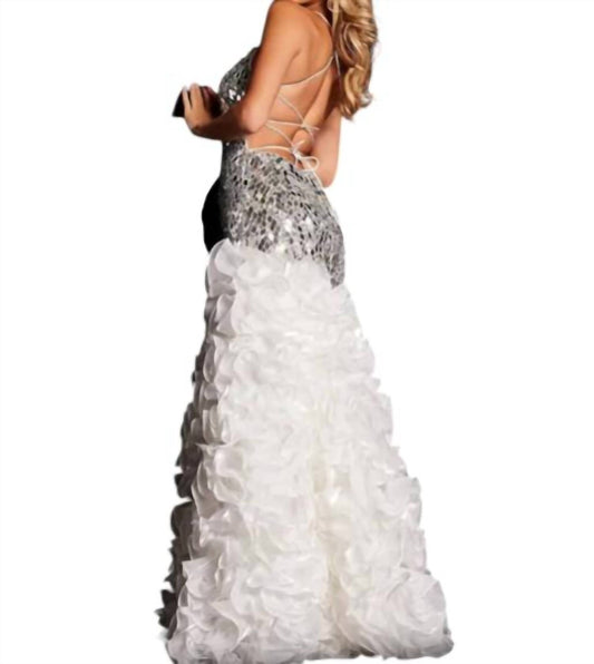 Jovani - Embellished Ruffled Cut Glass Gown